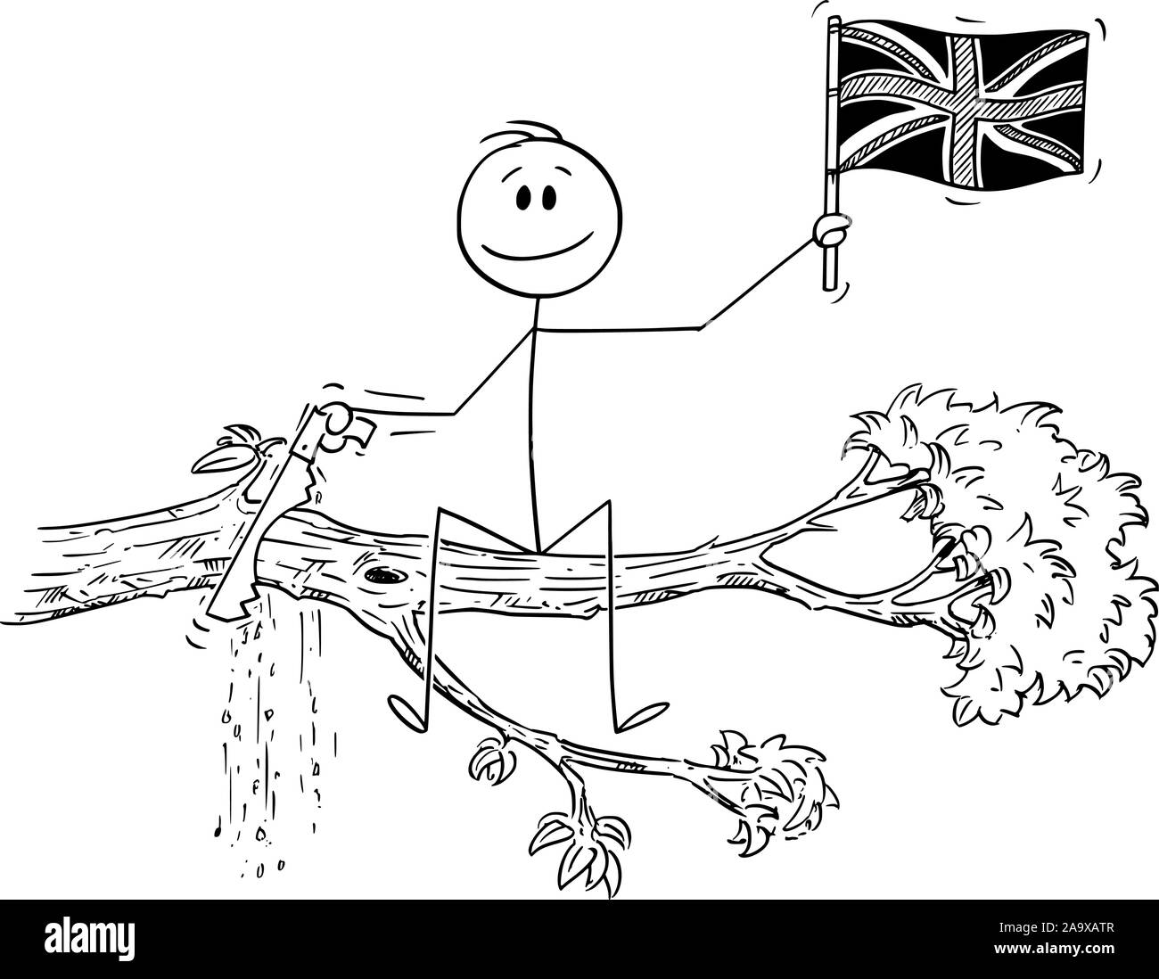 Vektor cartoon Strichmännchen Zeichnen konzeptionelle Darstellung der Mann winkte die die Flagge des Vereinigten Königreichs, und Schneiden mit sah den Ast ab, auf dem er sitzt. Stock Vektor