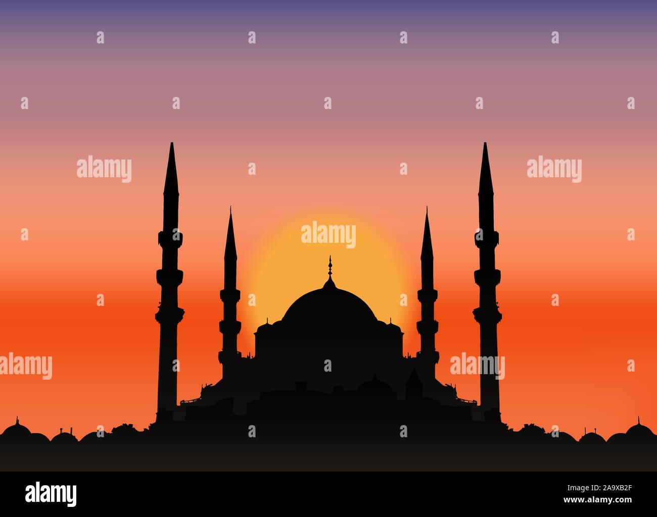 Moschee Silhouette in den Sonnenuntergang. Schöne Nacht Landschaft Stock Vektor