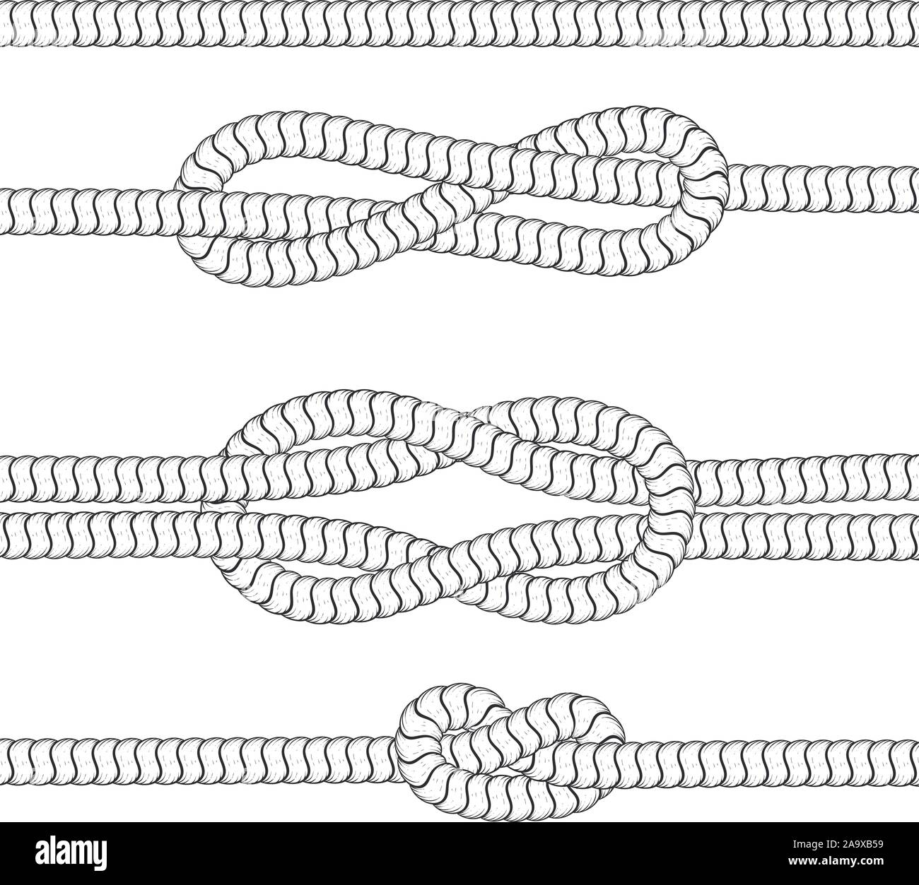 Seil Knoten. Schwarze und weiße Zeichnung Stock Vektor