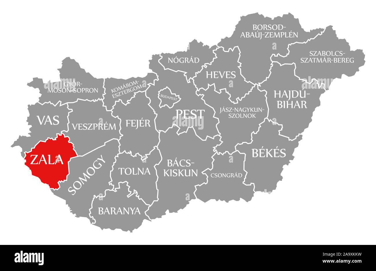 Zala in Rot hervorgehoben Karte von Ungarn Stockfoto