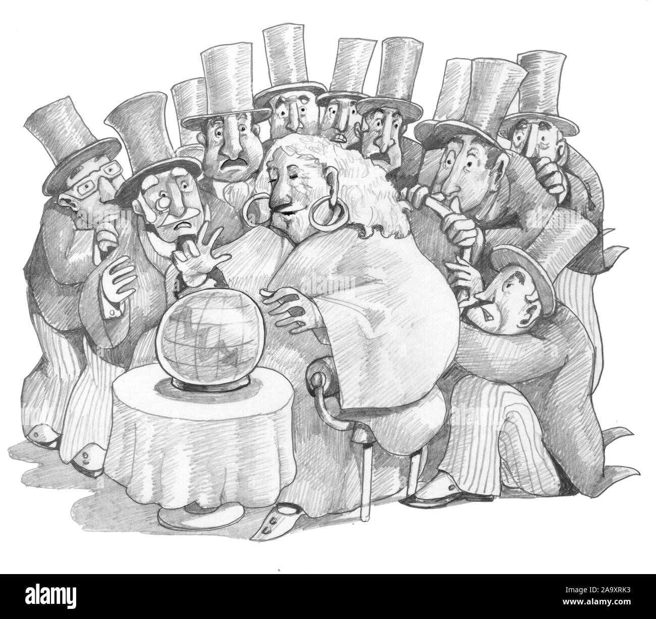 Surround Gruppe von Finanziers ein Hellseher in seinem Glas Kugel zu sehen, wie sich die Aktienkurse Wirtschaftsprognosen gehen Stockfoto