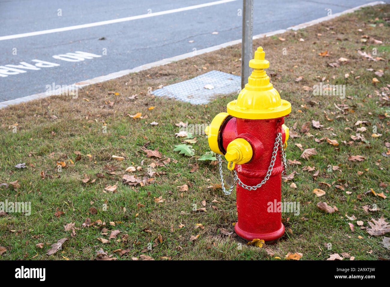 In der Nähe der bunten Hydranten entlang einer Straße. Konzept der Sicherheit. Stockfoto