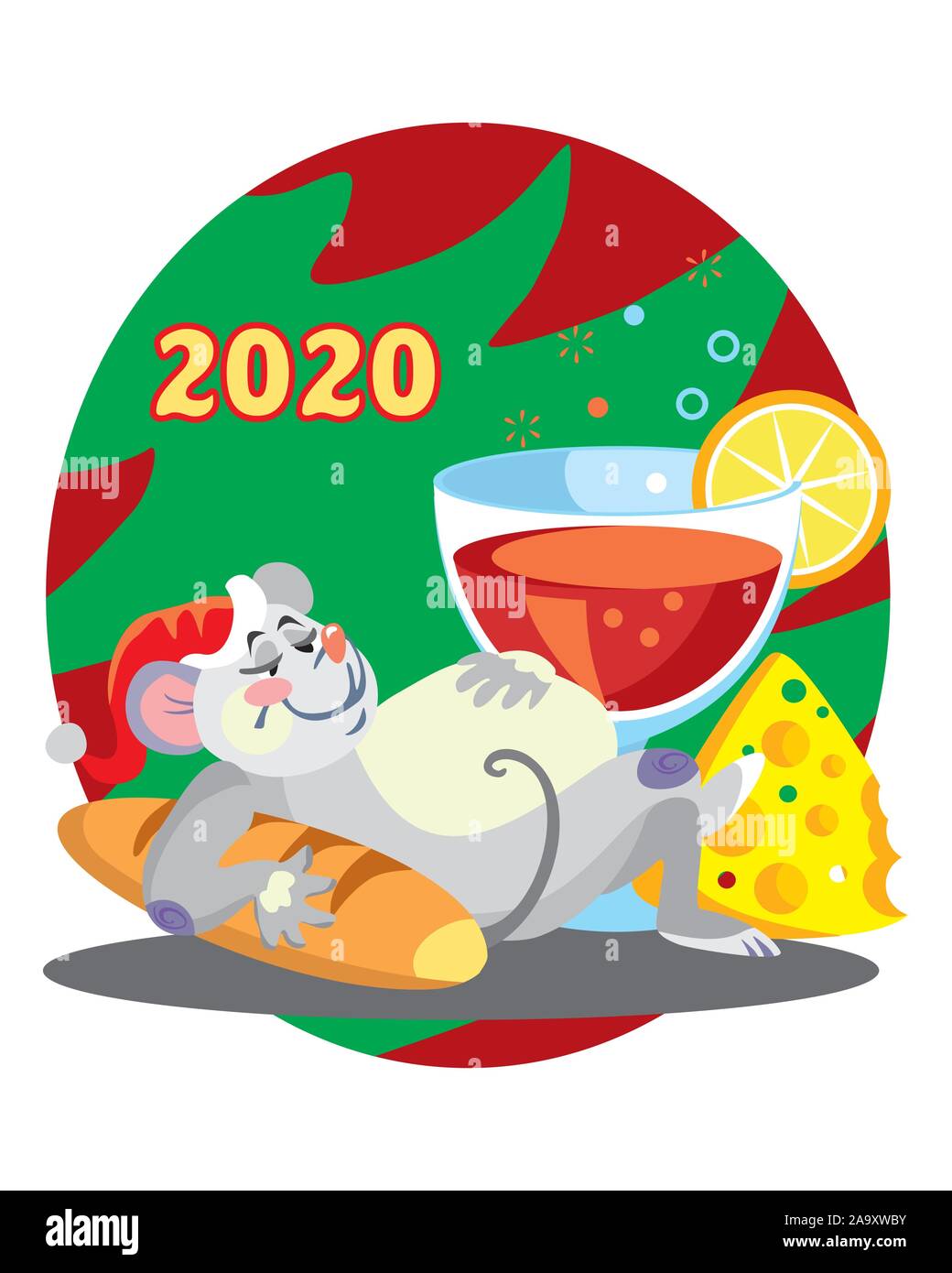 Vector Illustration von niedlichen Überessen Maus Charakter mit Glas Wein auf Hintergrund mit Weihnachtsbaum. Vektor cartoon Lager Abbildung. Winter Urlaub Stock Vektor