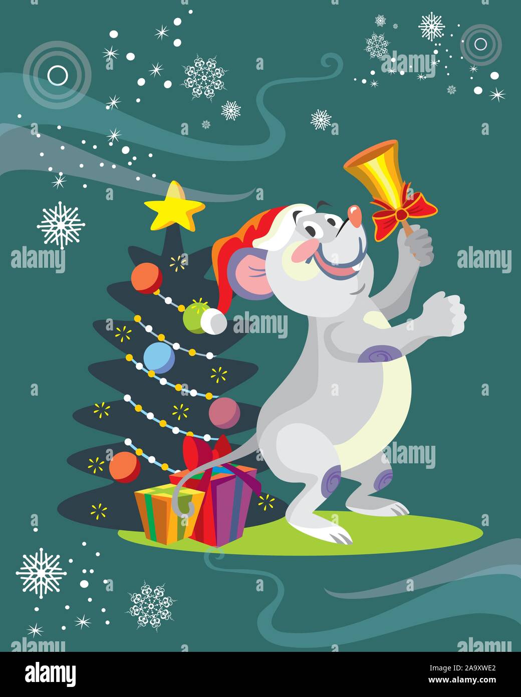 Vector Illustration der niedlichen Maus Charakter dem Klingeln auf Türkisfarbenem Hintergrund. Vektor cartoon Lager Abbildung. Winter Urlaub, Heiligabend Stock Vektor Vector Illustration der niedlichen Maus Charakter dem Klingeln auf Türkisfarbenem Hintergrund. Vektor cartoon Lager Abbildung. Winter Urlaub, Heiligabend Stock Vektor