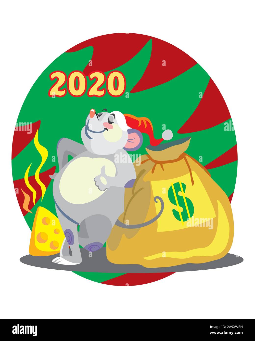 Vector Illustration der niedlichen Maus Charakter mit Sack Geld auf Hintergrund mit Weihnachtsbaum. Vektor cartoon Lager Abbildung. Winter Urlaub, Chr Stock Vektor