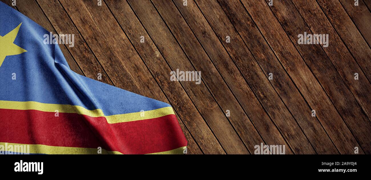 Demokratische Republik Kongo, Stoffflagge auf Holz Stockfoto