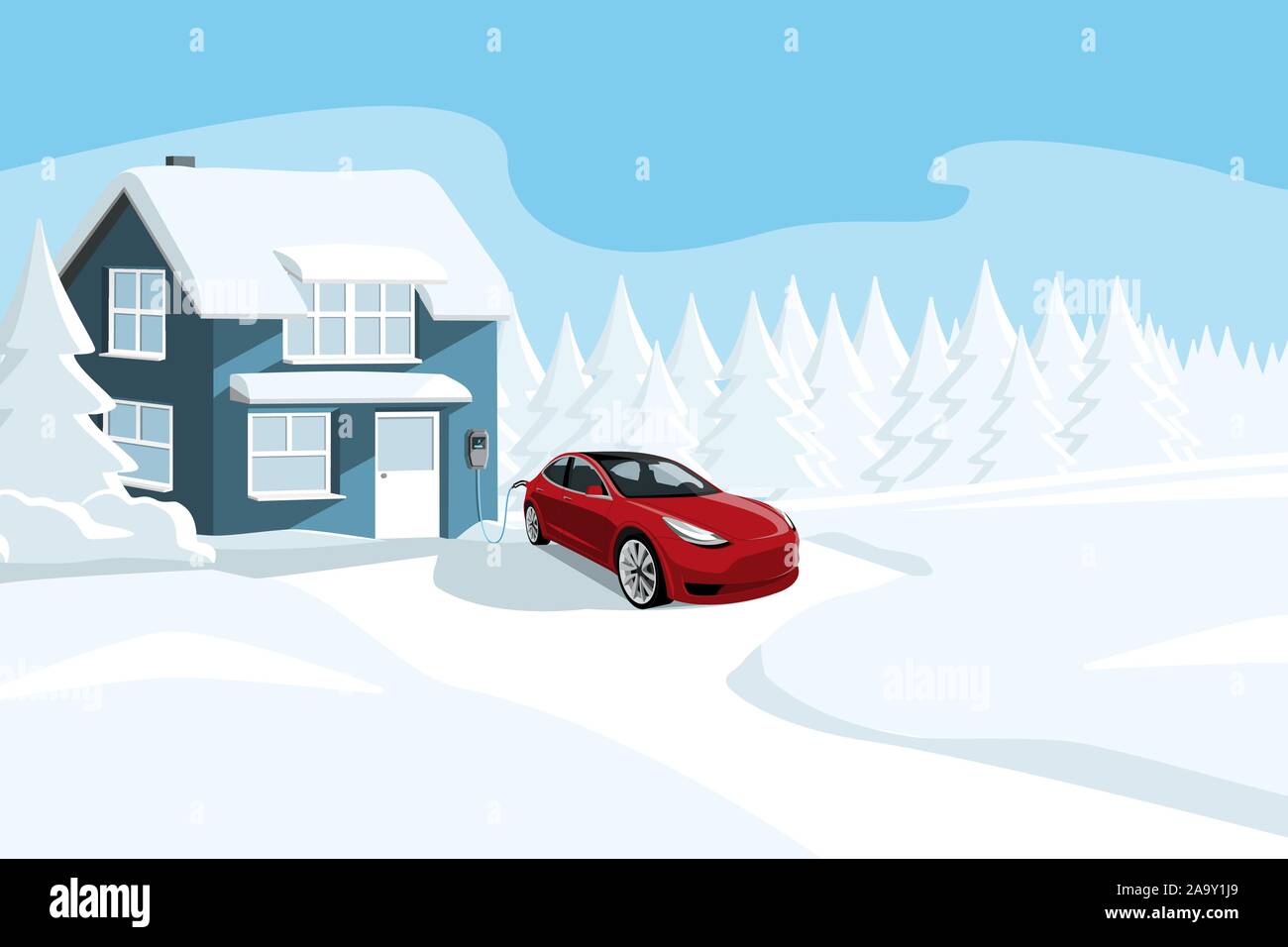 Elektroauto mit angeschlossenem Ladekabel in der Nähe eines Winter Haus. Vector Illustration Stock Vektor