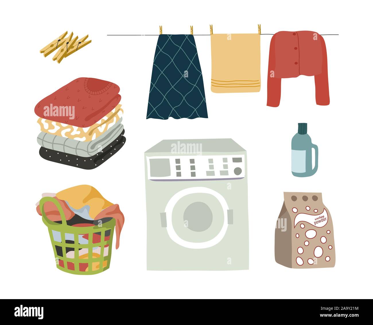 Wäsche set isolierte Elemente Pulver, Waschmaschine, nasse Kleidung mit Wäscheklammern, gefaltete Kleidung und ein Korb mit schmutziger Wäsche. Vektor flach Stock Vektor