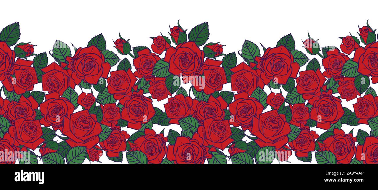 Vektor rote Rosen und Blätter mit lila Konturen mit weißem Hintergrund horizontalen Rand Muster. Toll für Grußkarten und Poster. Stock Vektor