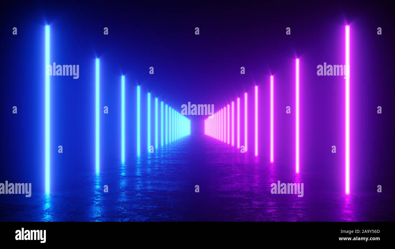 3D-Render Abbildung: Glühende vertikale Linien, Neonlampen, abstrakte vintage Hintergrund, ultraviolette Spektrum lebendiger Farben, Lasershow Stockfoto