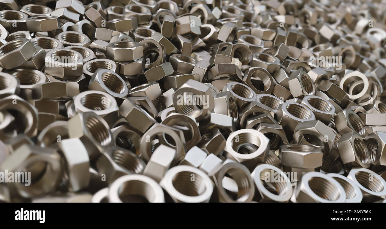 Metallische Schrauben und Muttern für Metal industrial high definition Textur und den Hintergrund der 3D-Darstellung Stockfoto