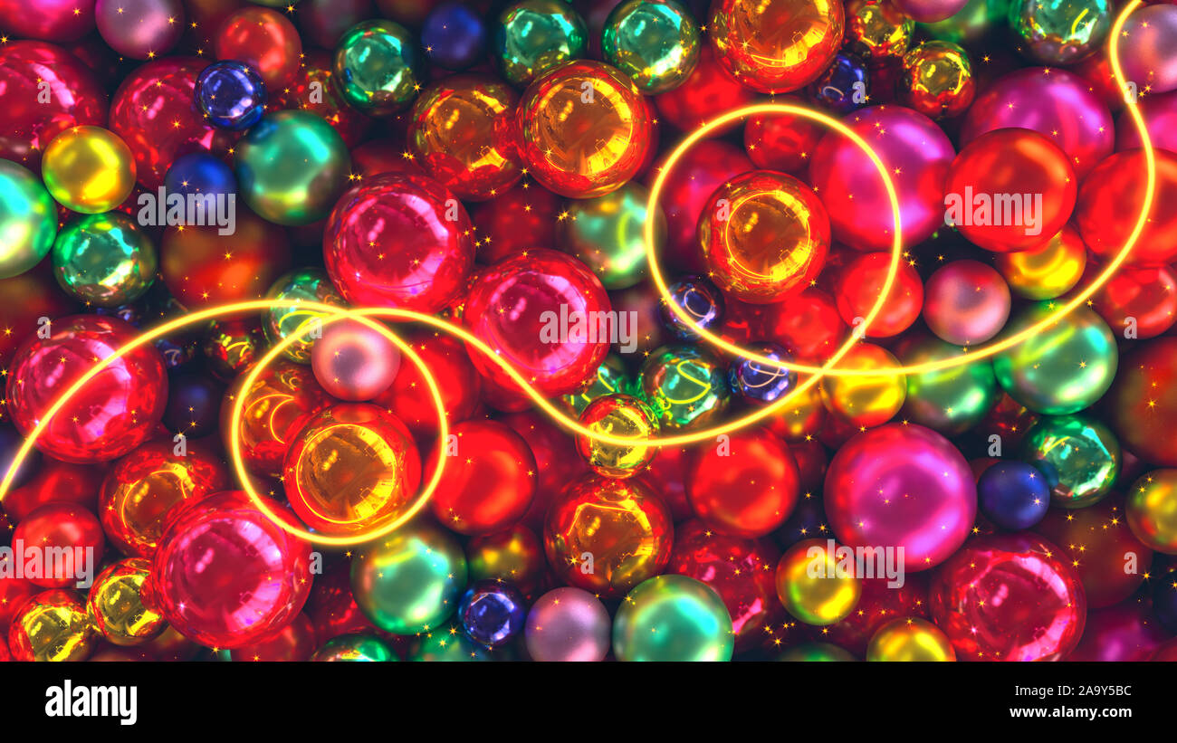 3D-Abbildung: Viele bunte Weihnachten Spielzeug und Leuchten mit leuchtenden Linie Hintergrund Textur rendern. Stockfoto
