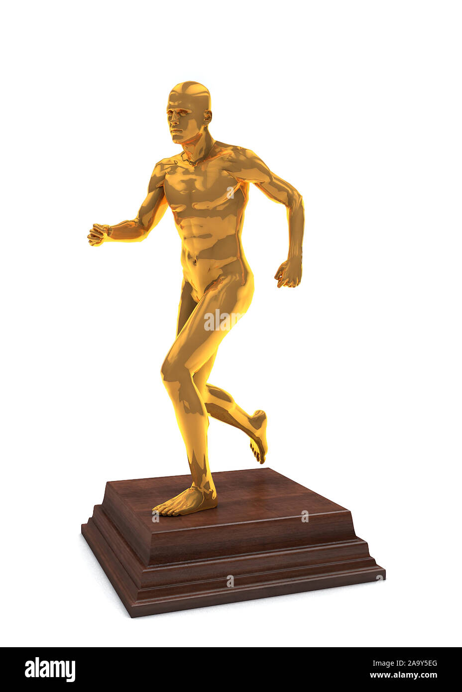 Golden prize belohnen Statuette der laufender Mann auf hölzernen Podium isoliert. 3D-Rendering Stockfoto