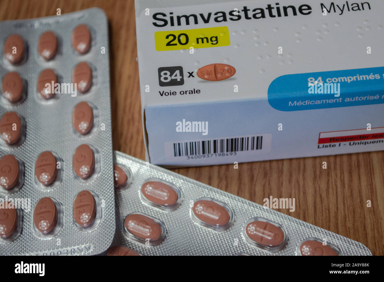 Simvastatine Tabletten 20 mg, Mylan Frankreich Stockfoto