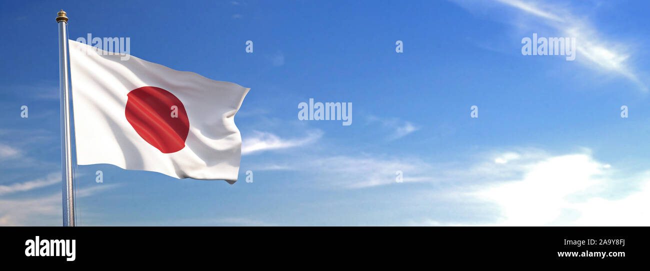 Flagge von Japan Aufstieg winkt dem Wind mit Himmel im Hintergrund Stockfoto