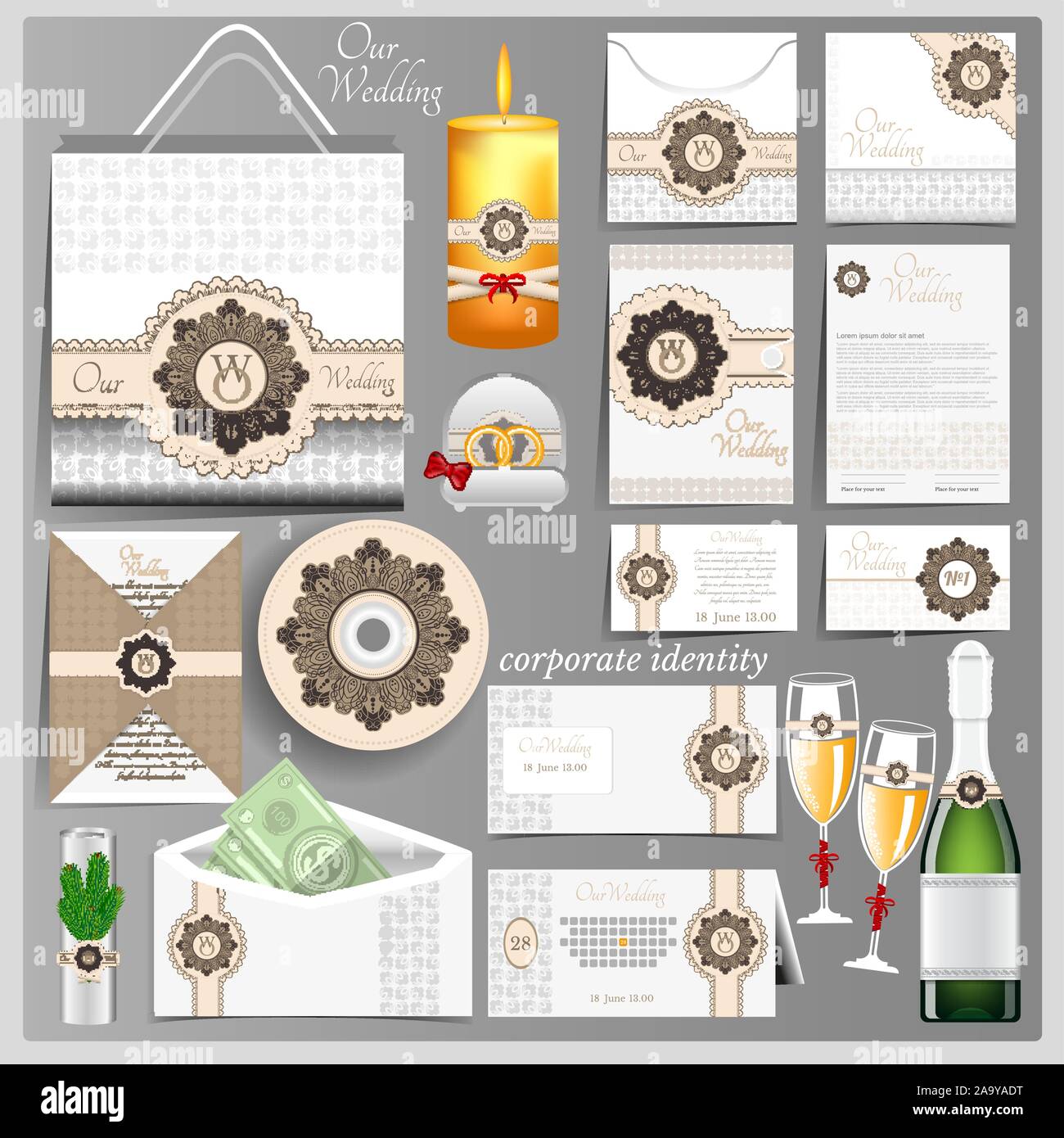 White Wedding corporate identity Vorlage mit braunen Kreis Muster Element. Business Mock-up mit Logo Stock Vektor