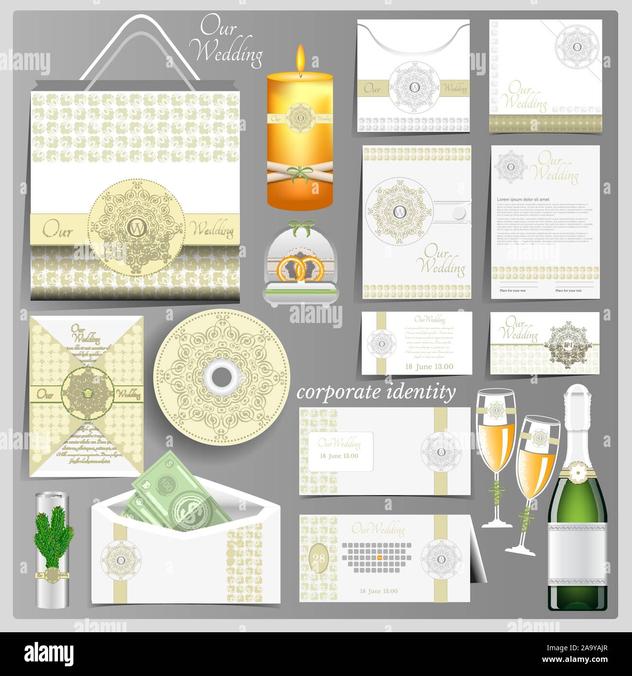 White Wedding corporate identity Vorlage. Business Mock-up mit grünem Arabischen Kreis Muster logo Stock Vektor