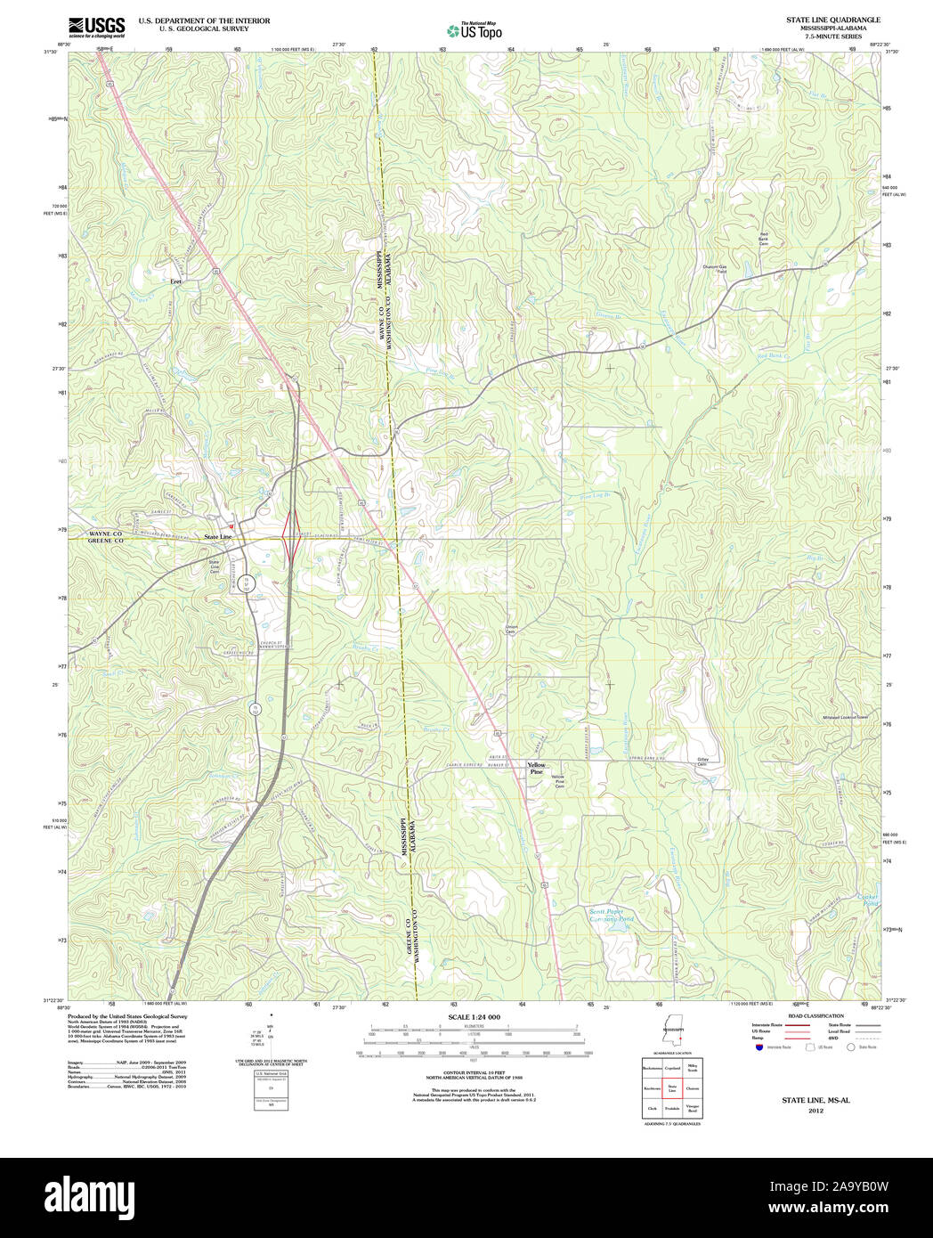 USGS TOPO Karte Mississippi MS State Line 20120314 TM Wiederherstellung Stockfoto