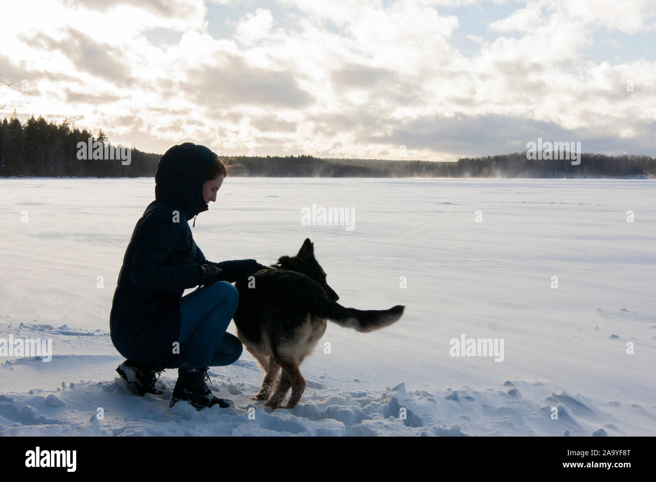 Mädchen mit einem Hund am Ufer eines Sees. Der Hund ist der beste Freund eines Mannes, und im Winter einen Hund aufwärmen können unter allen Bedingungen. Stockfoto