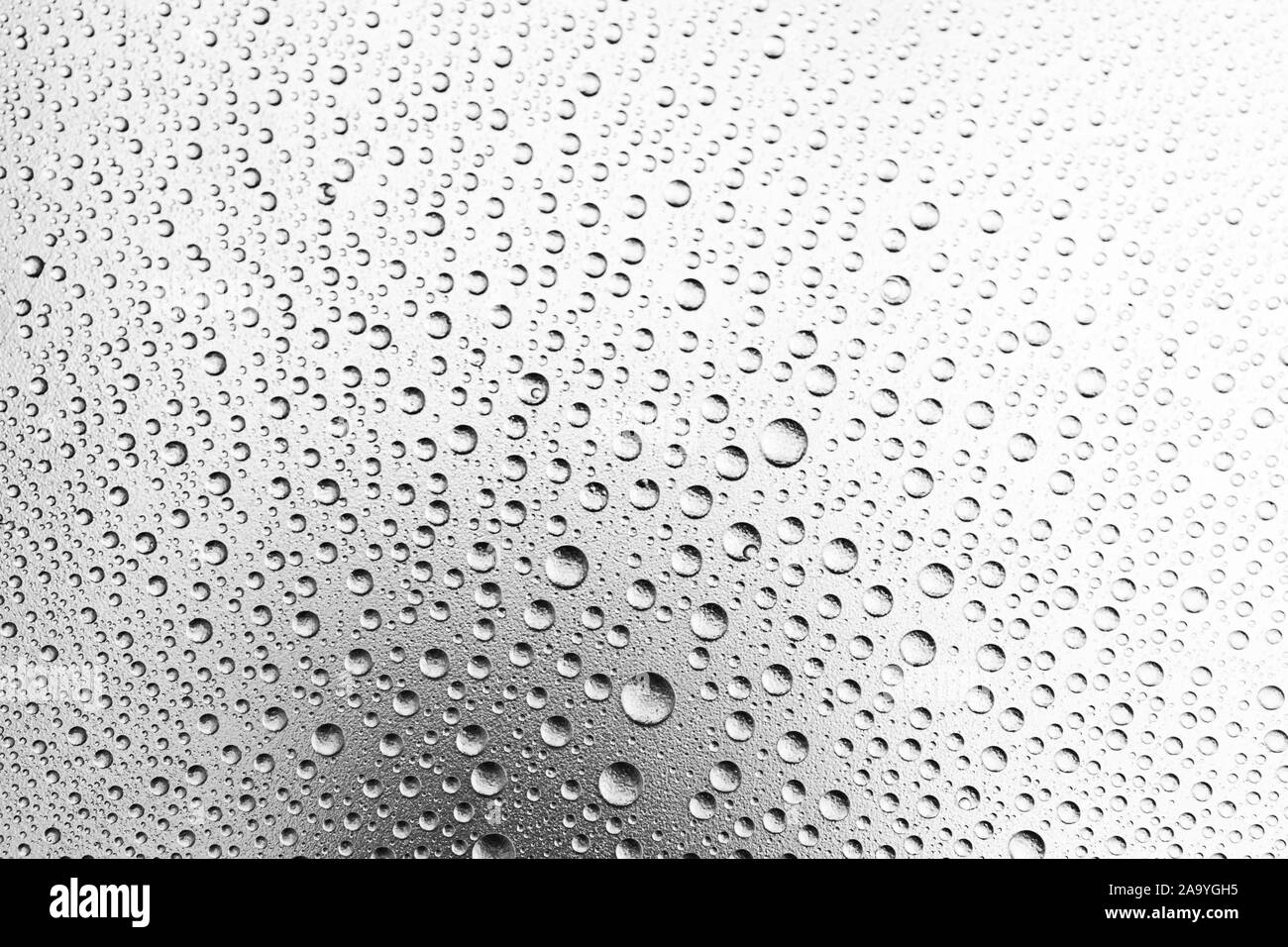Hintergrund der leuchtenden Wassertropfen auf Silbrige Oberfläche, Makro Stockfoto
