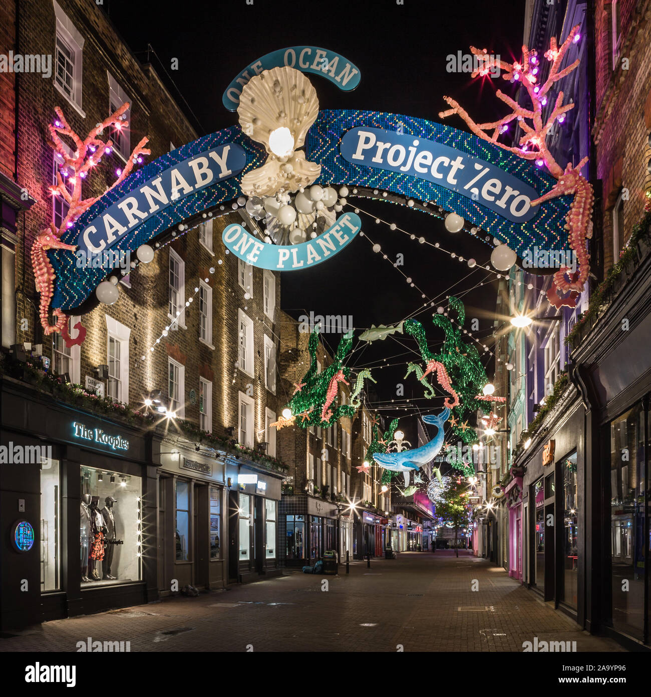 Die Carnaby Street Project Zero während der Weihnachtszeit in London. Stockfoto