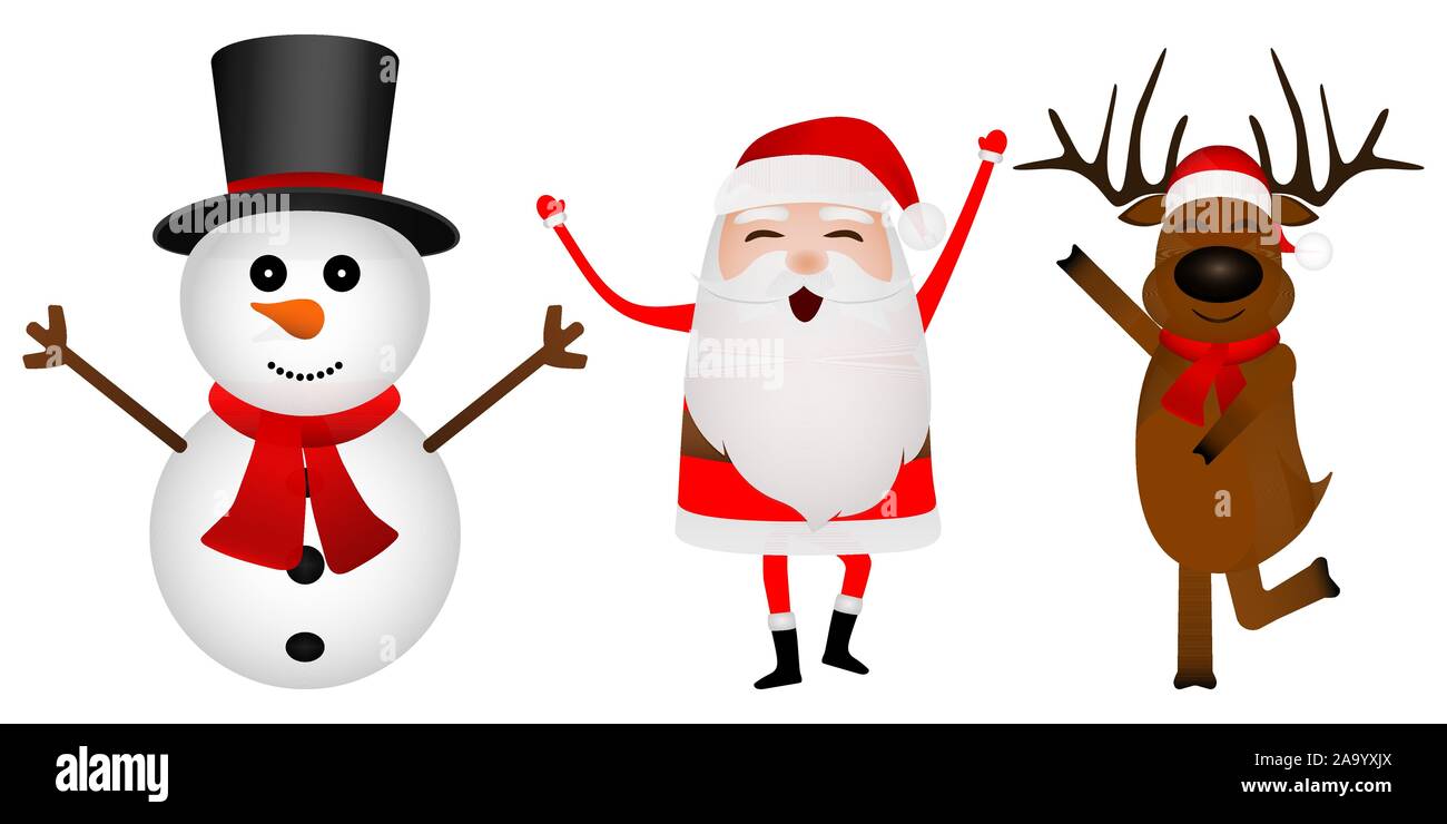 Cartoon lustige Weihnachtsmann, Rentier und Schneemann Tanz auf weißen isoliert Stock Vektor