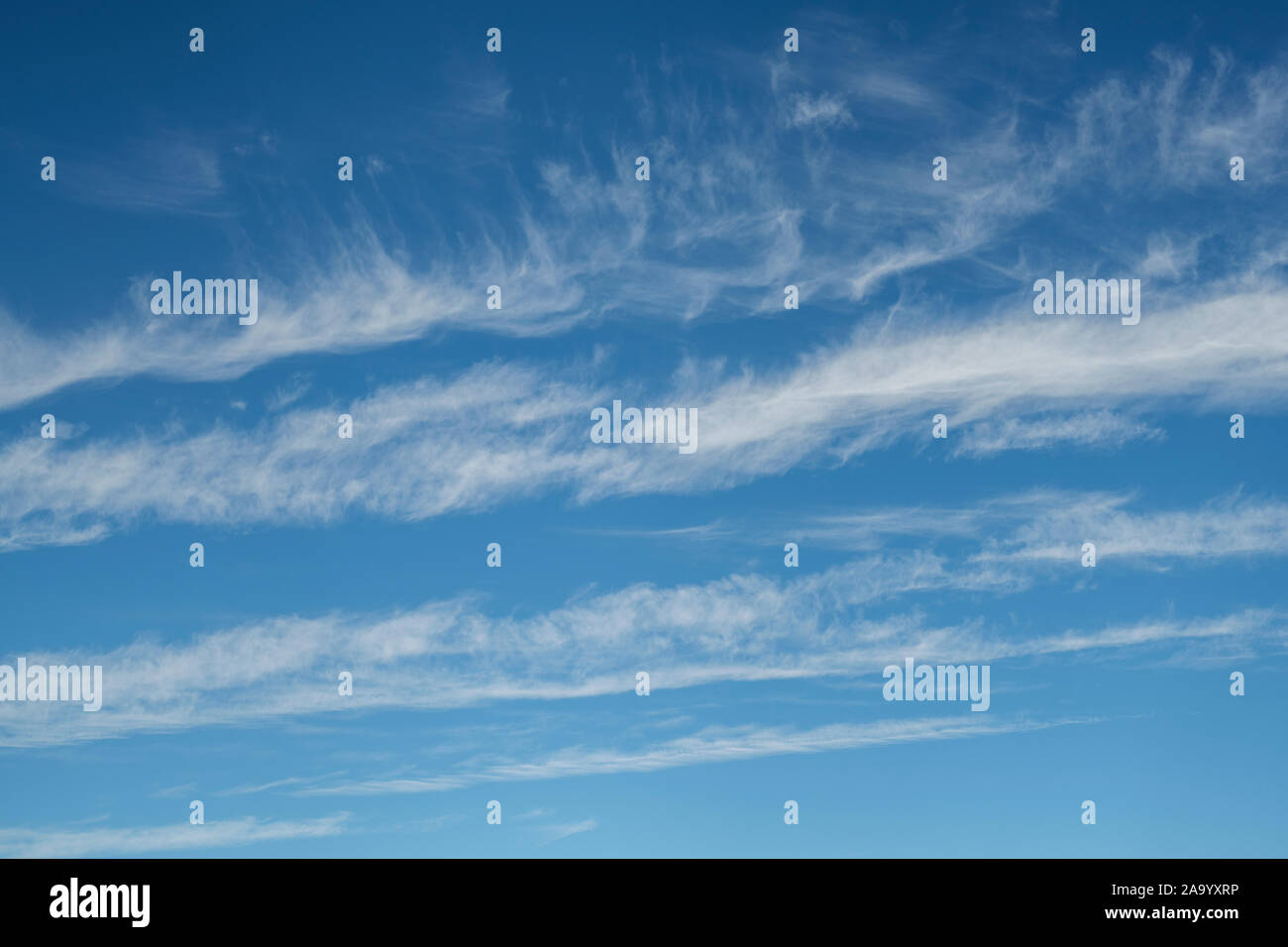 Wispy gefiederten Zirruswolken auf einem blauen Himmel. Großbritannien Stockfoto