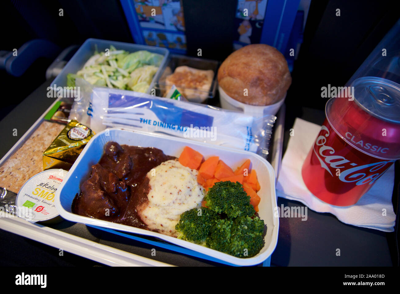 SAN FRANCISCO, California, United States - Jun 24th, 2018: warmes Essen an Bord der Economy Class Flugzeug am Tisch serviert mit Salat und Cola Stockfoto