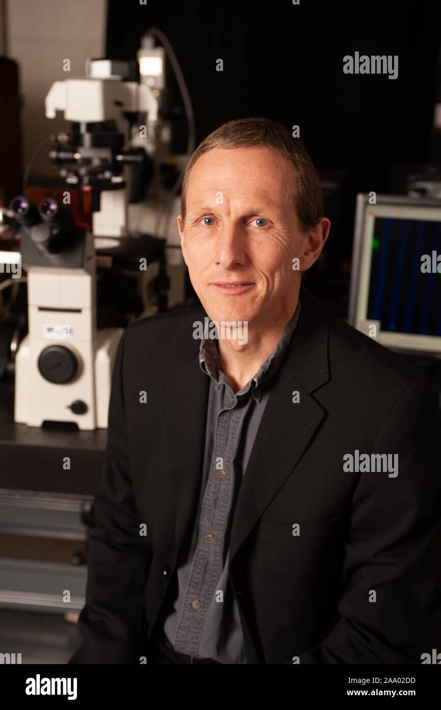 Close-up Portraitfotos von Peter C Searson, Professor für Elektrotechnik und Materialwissenschaft, sitzt vor einem Mikroskop und mit Blick auf die Kamera, an der Johns Hopkins Universität, Baltimore, Maryland, 4. März 2009. Vom Homewood Sammlung Fotografie. () Stockfoto