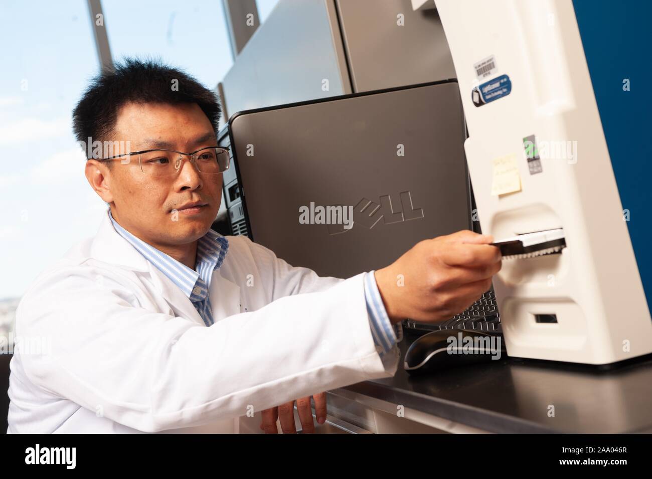 Portrait von Notfallmedizin Arzt und Forscher Dr. Samuel Yang in einem Labor an der Johns Hopkins University in Baltimore, Maryland, 9. April 2009. Vom Homewood Sammlung Fotografie. () Stockfoto
