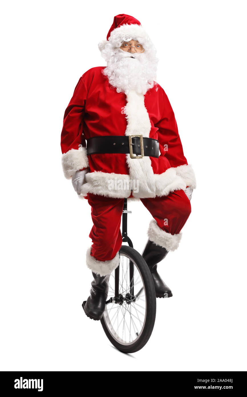 Volle Länge Portrait von Santa Claus auf einem mono-Zyklus auf weißem Hintergrund Stockfoto