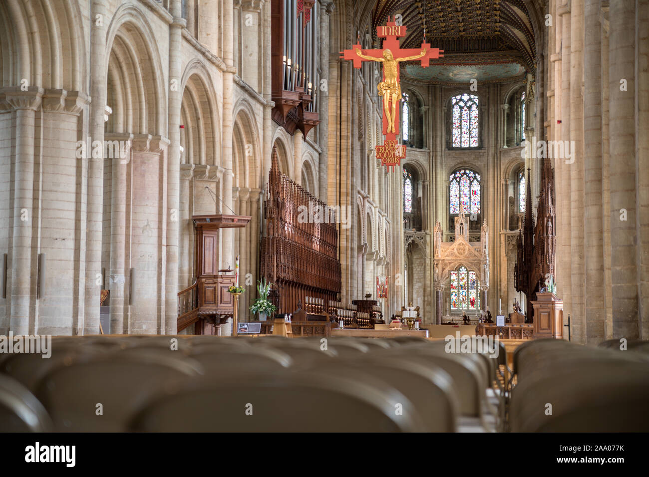 Innenraum der Kathedrale von Peterborough, Cambridgeshire, Großbritannien Stockfoto