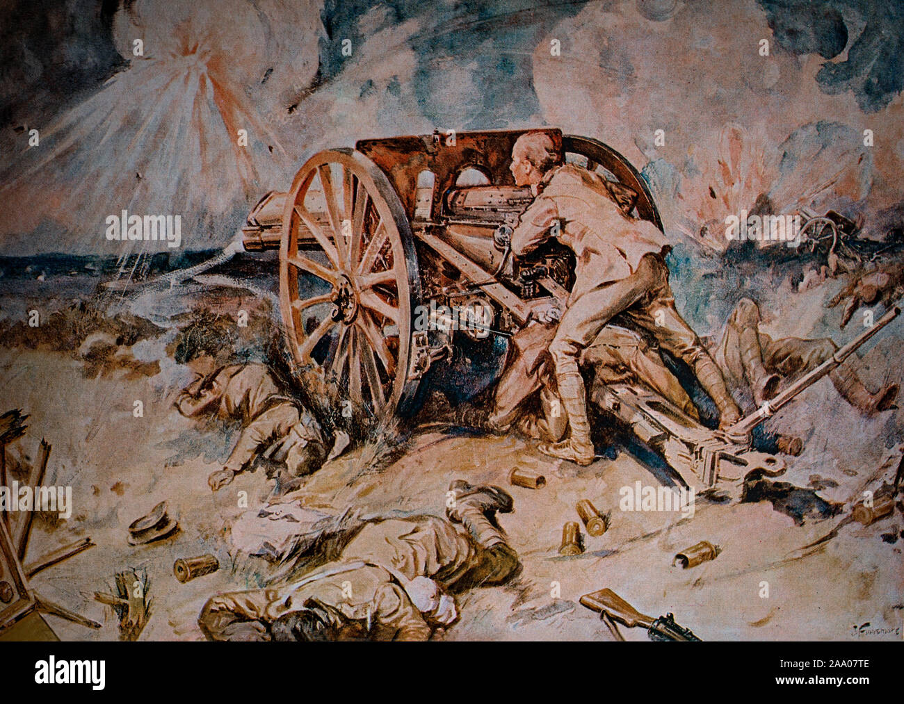 Ein eineiiger britischer Schütze, mit einem Feldgewehr während der Schlacht von Mons, tAugust 1914, er erste große Aktion der britischen Expeditionary Force (BEF) während des Ersten Weltkriegs, in dem die Alliierten mit Deutschland an den französischen Grenzen kollidierten. In Mons versuchte die britische Armee, die Linie gegen die vorrückende deutsche 1. Armee zu halten, wurde aber schließlich gezwungen, sich zurückzuziehen, sowohl wegen der größeren Stärke der Deutschen als auch wegen des plötzlichen Rückzugs der französischen 5. Armee, die die britische rechte Flanke enthüllte. Stockfoto