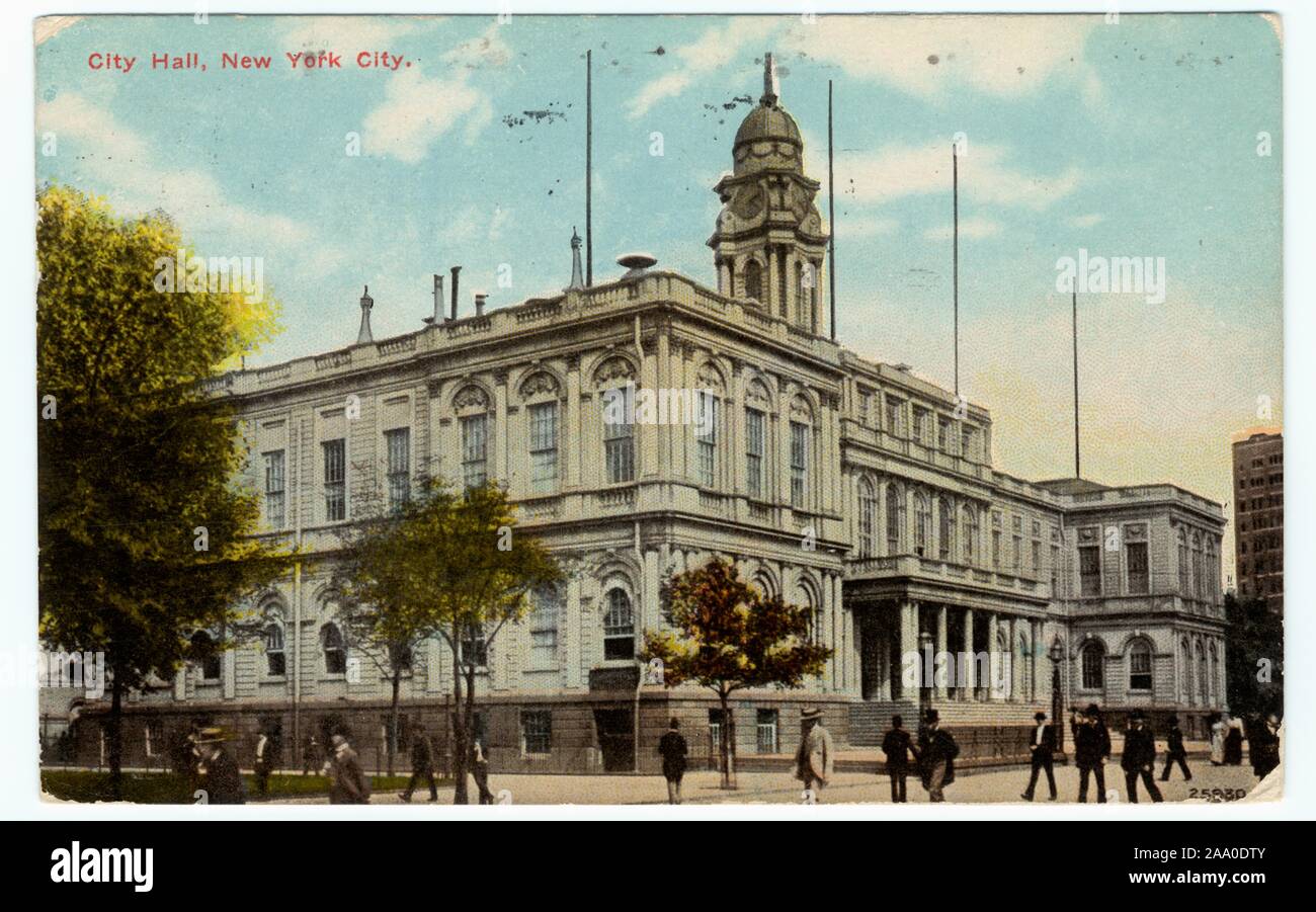 Postkarte von der New York City Hall im Zentrum der City Hall Park, Manhattan, New York City, 1910 eingraviert. Von der New York Public Library. () Stockfoto