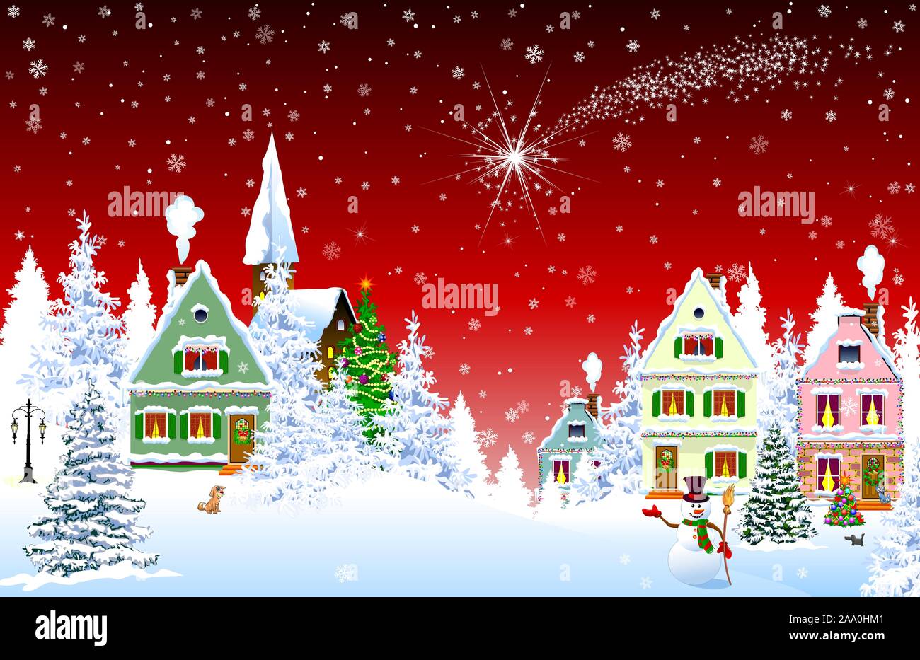 Häuser, Dorf, Kirche, Wald, Bäume. Weihnachten Stern über das Dorf. Winter Landschaft. Heiligabend in der Nacht. Schneeflocken in den Nachthimmel. Chr Stock Vektor
