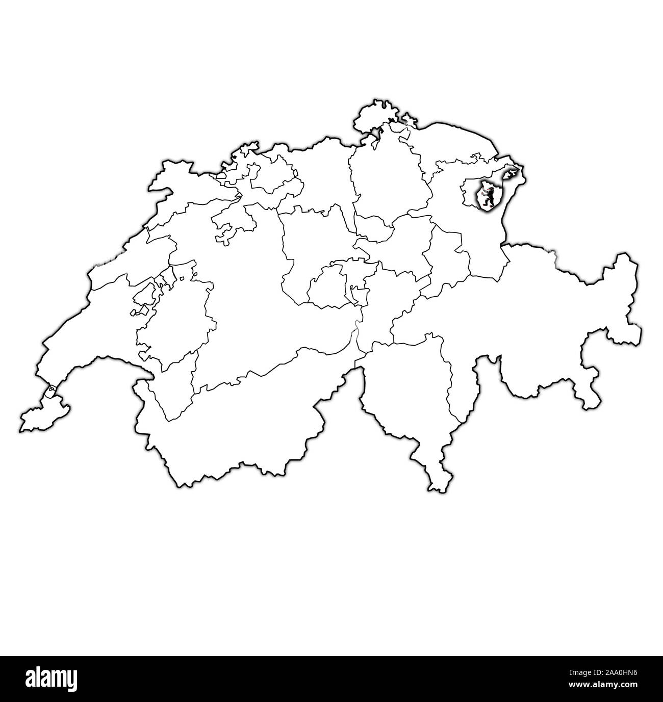 Flagge und Gebiet von Appenzell Innerrhoden Kanton auf der Karte von administrativen Abteilungen der Schweiz Stockfoto