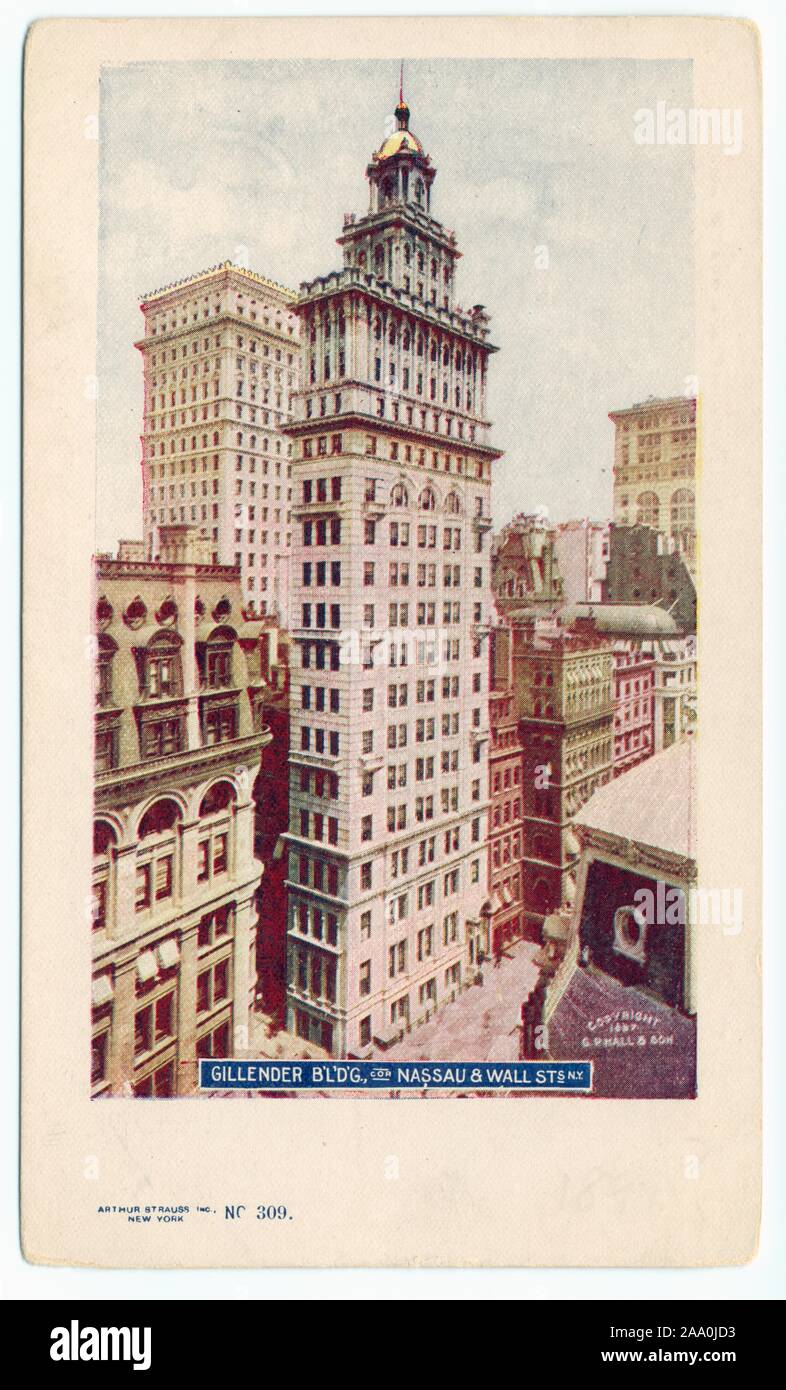Illustrierte Postkarte des Gillender Gebäude, Ecke von Nassau und Wall Street, New York City, copyright Geo, 1902. S. Hall und Sohn von Arthur Strauss, Inc., die von der New York Public Library veröffentlicht. () Stockfoto
