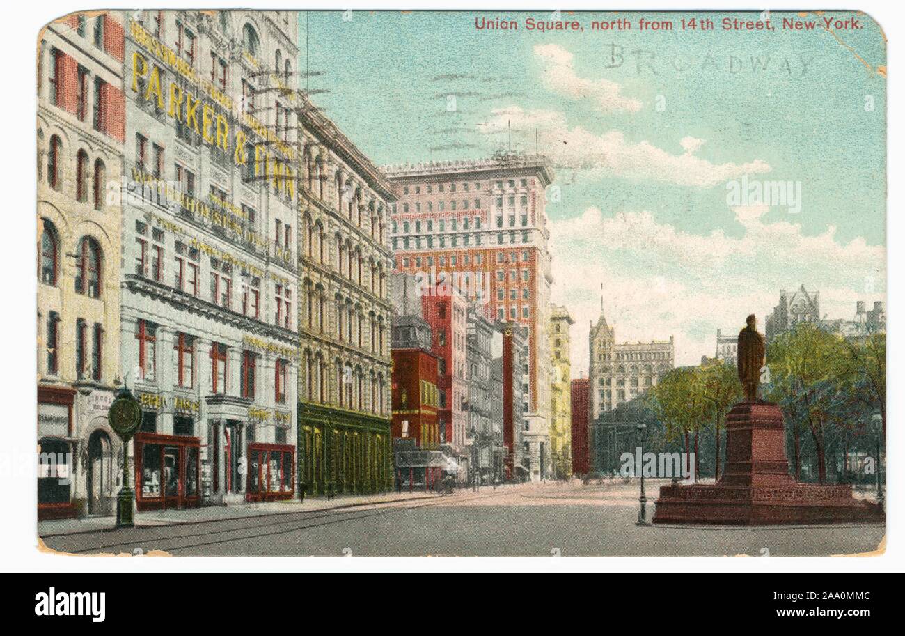 Illustrierte Postkarte von Union Square von der 14. Straße aus gesehen, mit einer Statue der US-Präsident Abraham Lincoln, Manhattan, New York City, 1909. Von der New York Public Library. () Stockfoto