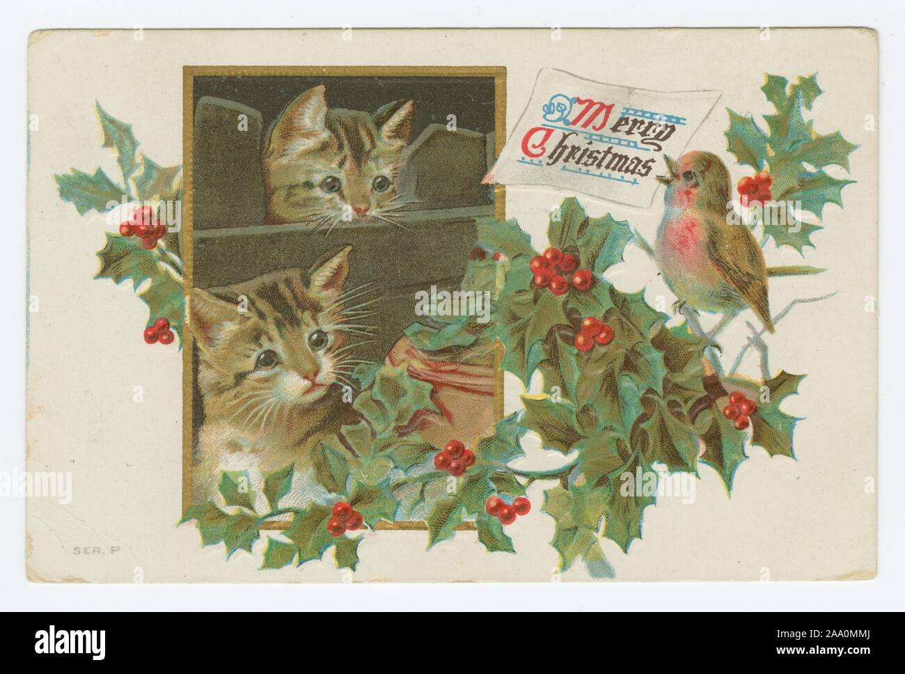 Illustrierte Postkarte von zwei Kätzchen, die durch ein Fenster auf einen Robin auf einem holly Zweig thront suchen, eine Karte, in der es heißt "Frohe Weihnachten!", 1911. Von der New York Public Library. () Stockfoto