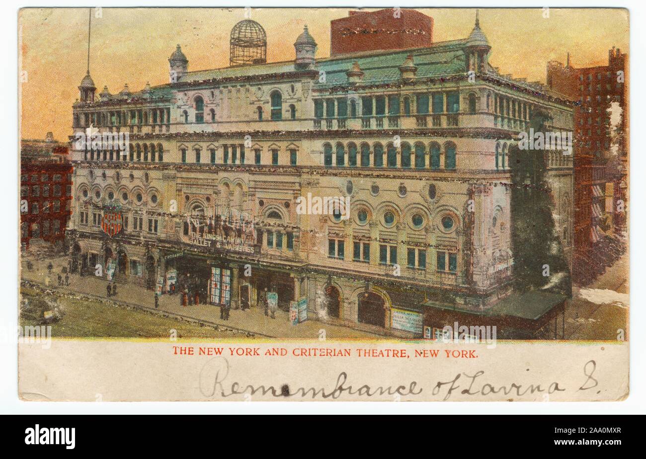 Illustrierte Postkarte von der Außenseite des New York und Kriterium Theater, a. k. a, 1906. Von Hammerstein Olympia, New York City, von Foto und Kunst Post Card Co. Aus der New York Public Library veröffentlicht. () Stockfoto