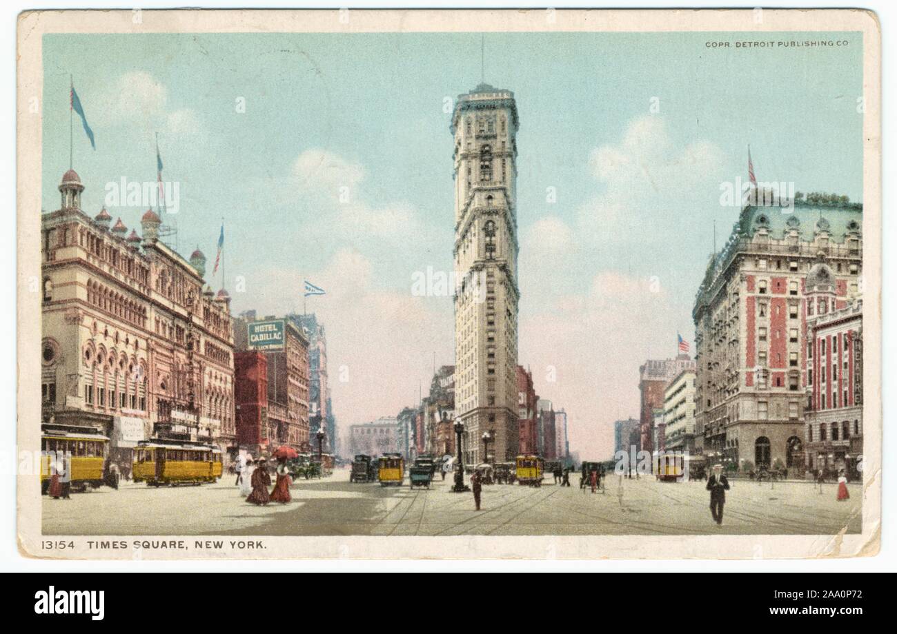 Illustrierte Postkarte von der New York Times Building und Times Square, Manhattan, New York City, Copyright und Detroit Publishing Co, 1914 veröffentlicht. Von der New York Public Library. () Stockfoto