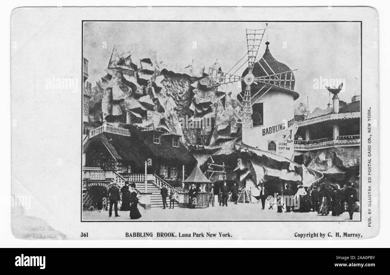 Graviert Postkarte einer Windmühle auf der Luna Park plätschernden Bach, Coney Island, New York City, von illustrierte Postkarte Co, 1905 veröffentlicht. Von der New York Public Library. () Stockfoto