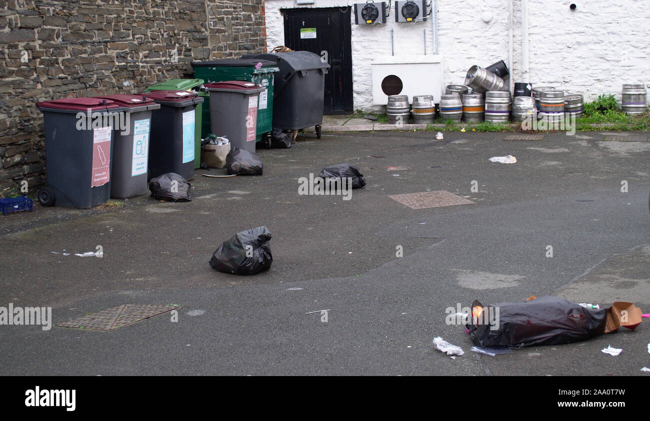 Aberystwyth Ceredigion/UK 13. November 2019: Wheelie bins Verschütten ihre Inhalte auf die Straße. Stockfoto