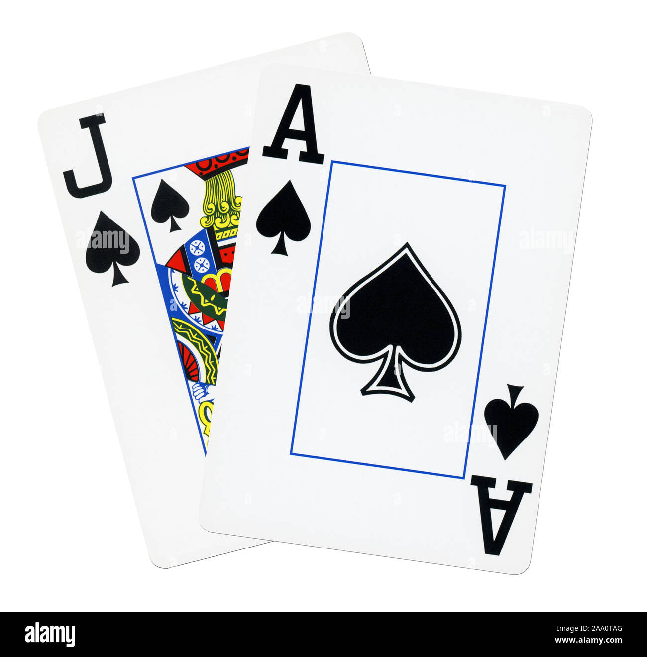 Blackjack Karten isoliert auf weißem Hintergrund. Stockfoto
