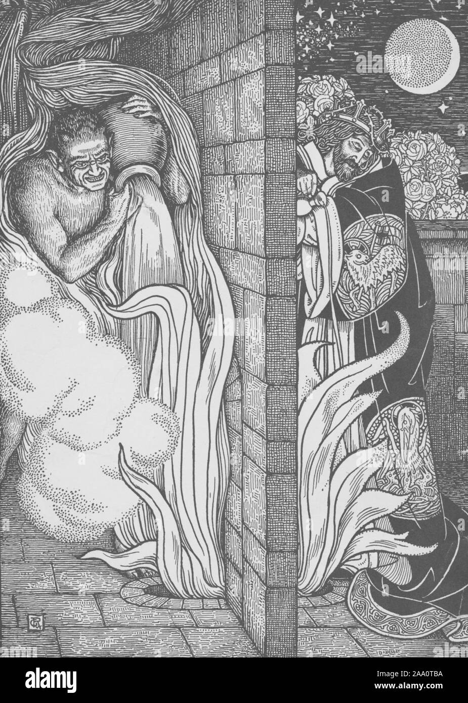 Monochrome Darstellung einer Szene aus dem Buch "Pilgrim's Progress" von John Bunyan, mit dem Teufel und Jesus Christus auf beiden Seiten der Wand, zünden das Feuer in der Grube und die anderen versuchen, es durch Gießen von Wasser auf, um es zu löschen, von George Rhead, durch das Jahrhundert Co, 1898 illustriert. Von der New York Public Library. () Stockfoto