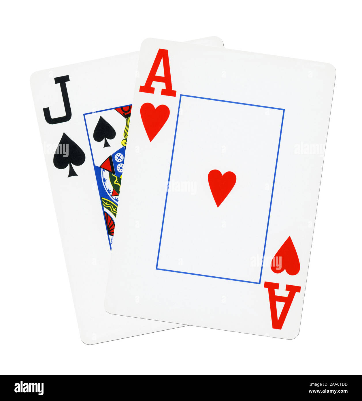 Blackjack Karten isoliert auf weißem Hintergrund. Stockfoto