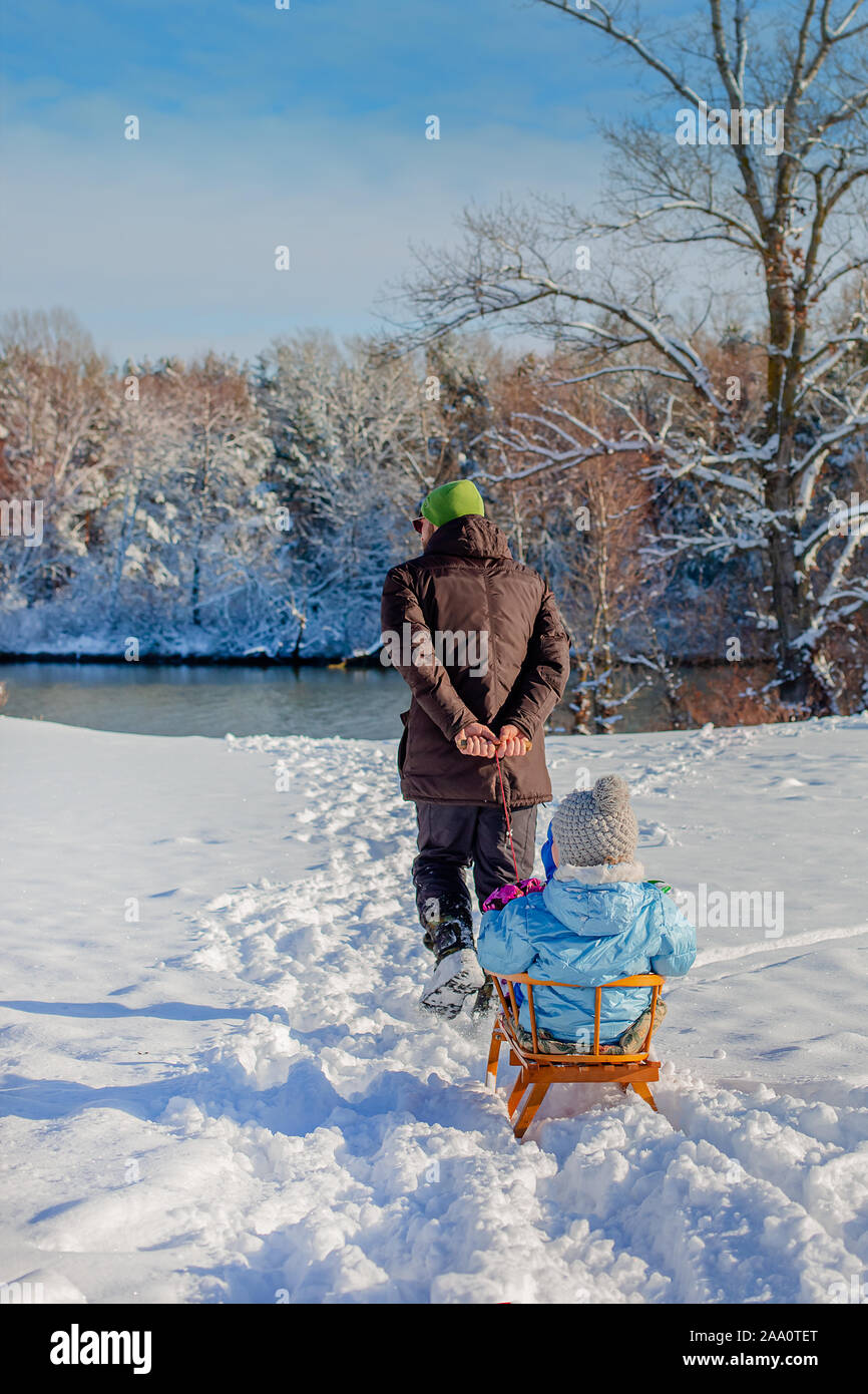 Vater reitet Kinder auf einem Schlitten. Wandern auf einem eisigen Winter Tag in der Natur mit der Familie. Ansicht von hinten, von hinten. Winter Landschaften. Stockfoto