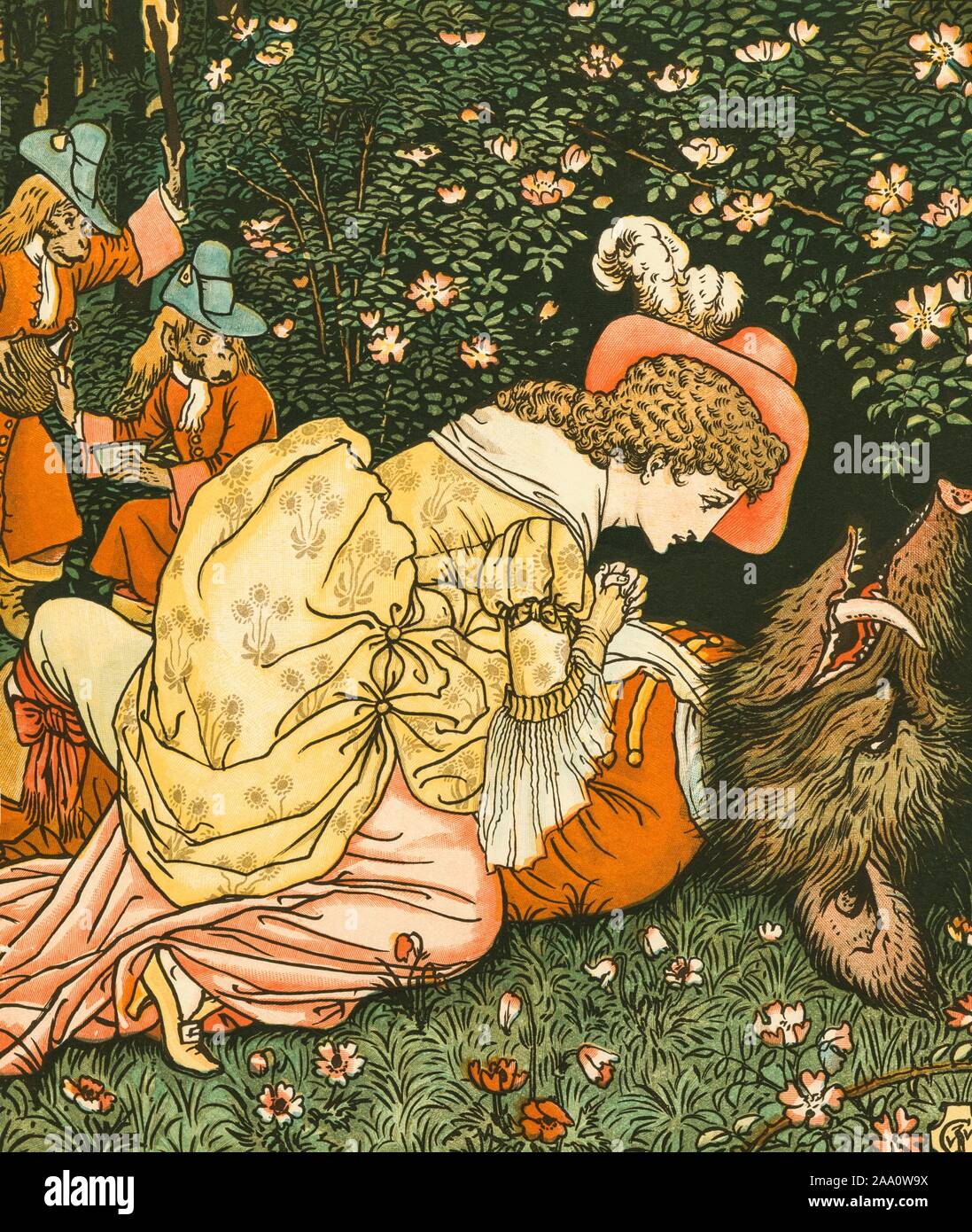 Abbildung: eine Szene aus dem Buch "Die Schöne und das Biest" mit Schönheit über das Tier lehnte sich bewusstlos auf dem Boden im Garten, von Autor und Künstler Walter Crane, von John Lane, 1896 veröffentlicht. Von der New York Public Library. () Stockfoto