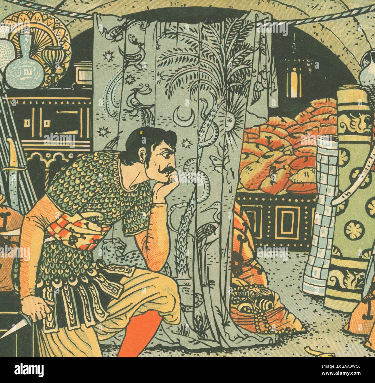 Abbildung: eine Szene aus dem Buch "Ali Baba und die vierzig Räuber' mit der Kapitän in seiner Höhle mit orientalischen Teppichen und Säcke im Hintergrund, von Autor und Künstler Walter Crane, von John Lane Co, 1895 veröffentlicht. Von der New York Public Library. () Stockfoto