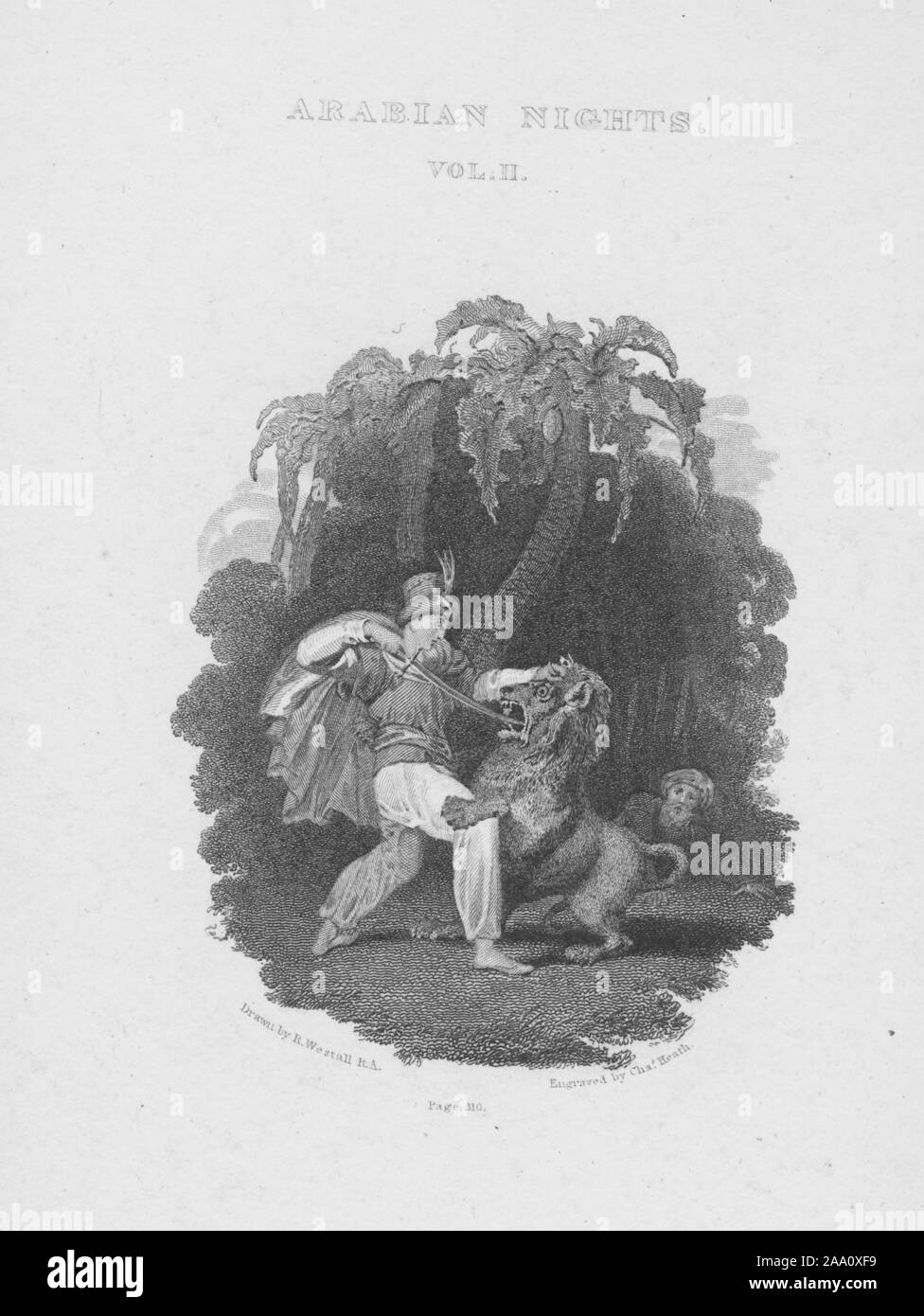 Gravierte Darstellung einer Szene aus dem Buch '1001 Nacht' mit Prinz Amigad erstechen einen Löwen mit einem Säbel, von Illustrator Richard Westall, von Thomas Davidson, 1819 veröffentlicht. Von der New York Public Library. () Stockfoto